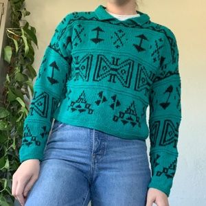 turquoise Aztec knit collared sweater